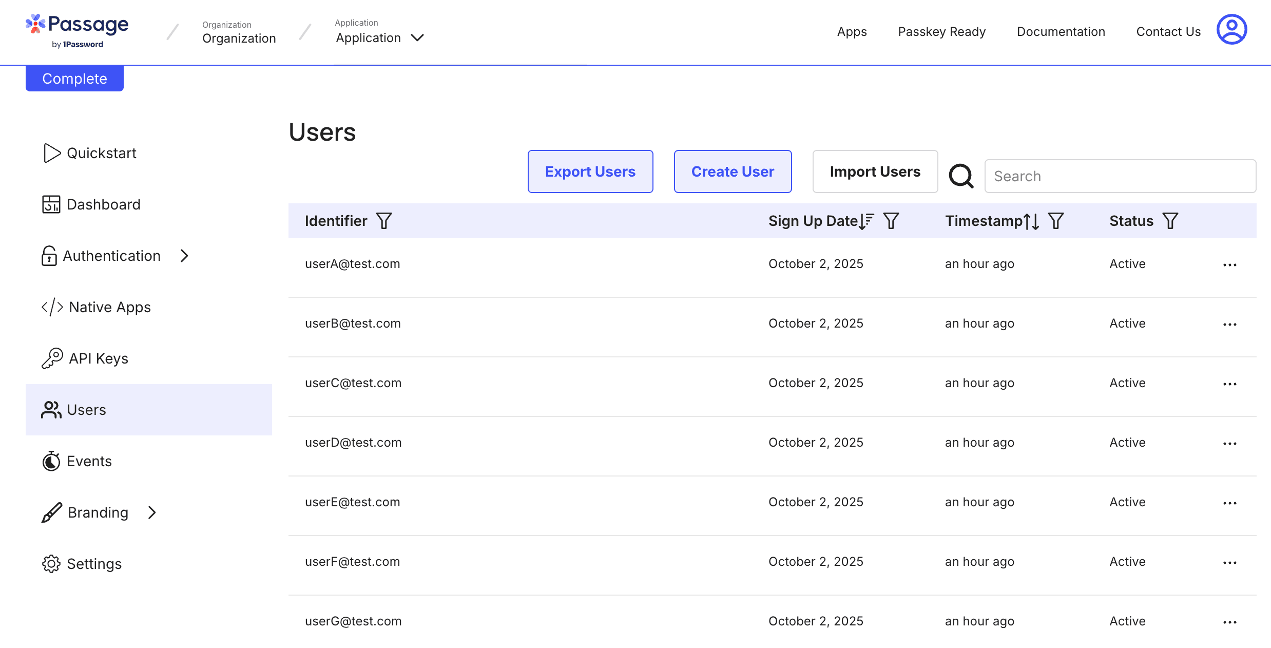 Screen showing export users button.
